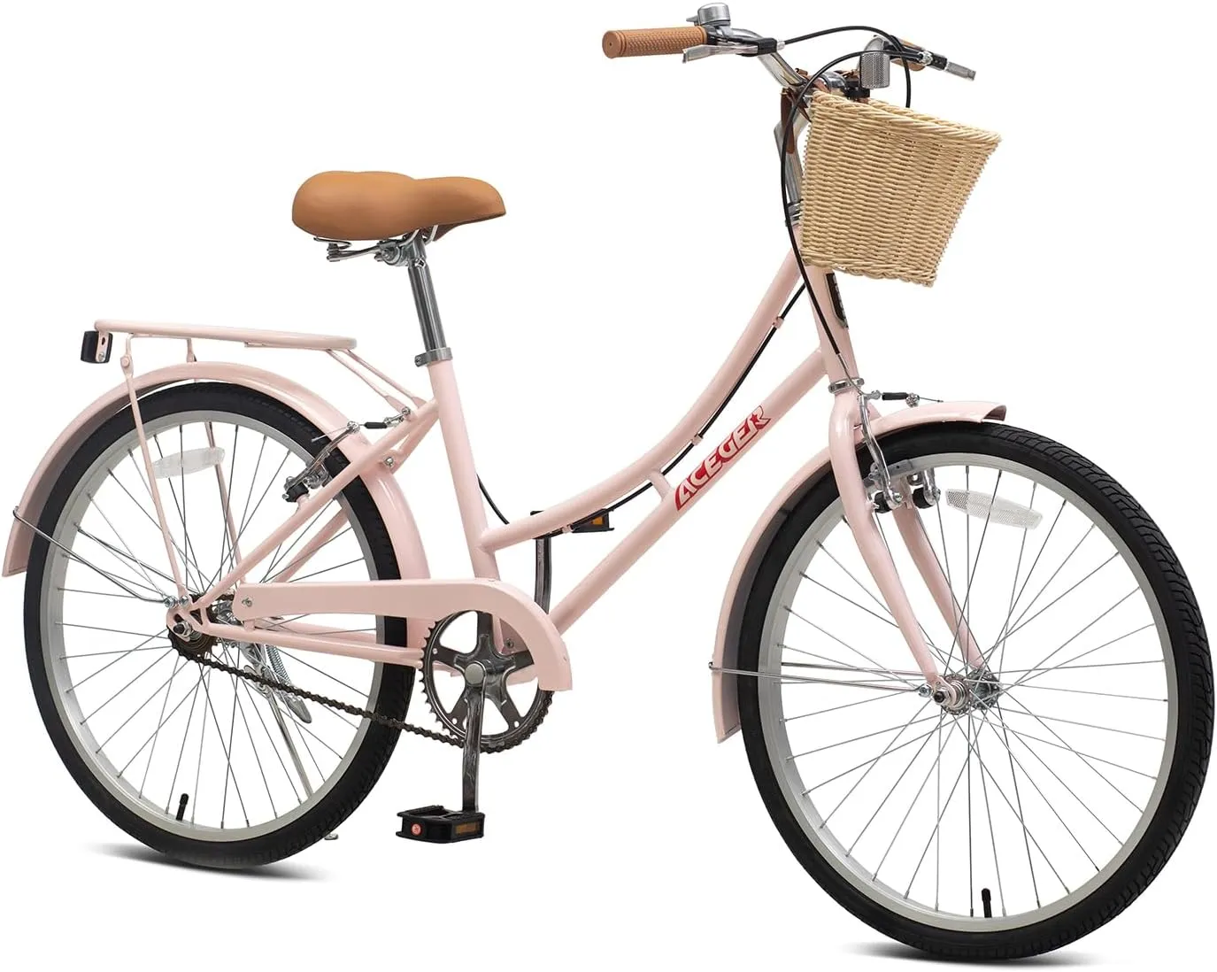 ACEGER 24 26 Inch Women Comfort Bike, Single Speed and 7 Speed, Adult City Bike with Basket and Rear Rack, Hi-Ten Steel Frame with Adjustable Handlebar and Saddle, Multiple Colors
