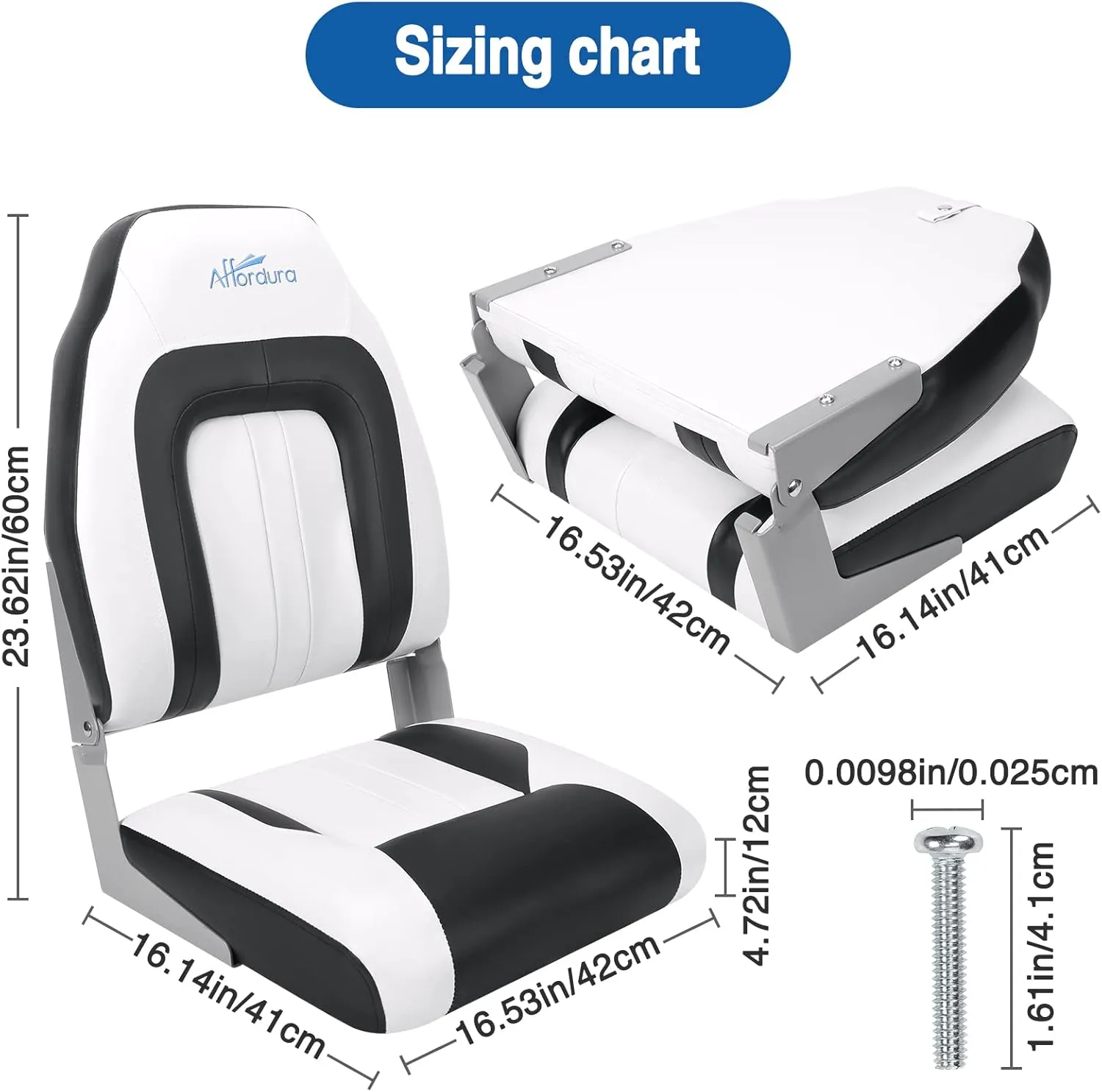 Affordura Boat Seat for Boats with 2 Storage Bags High Back Folding Boat Seat Boat Fold Down Seat (2 Packs), Black and White