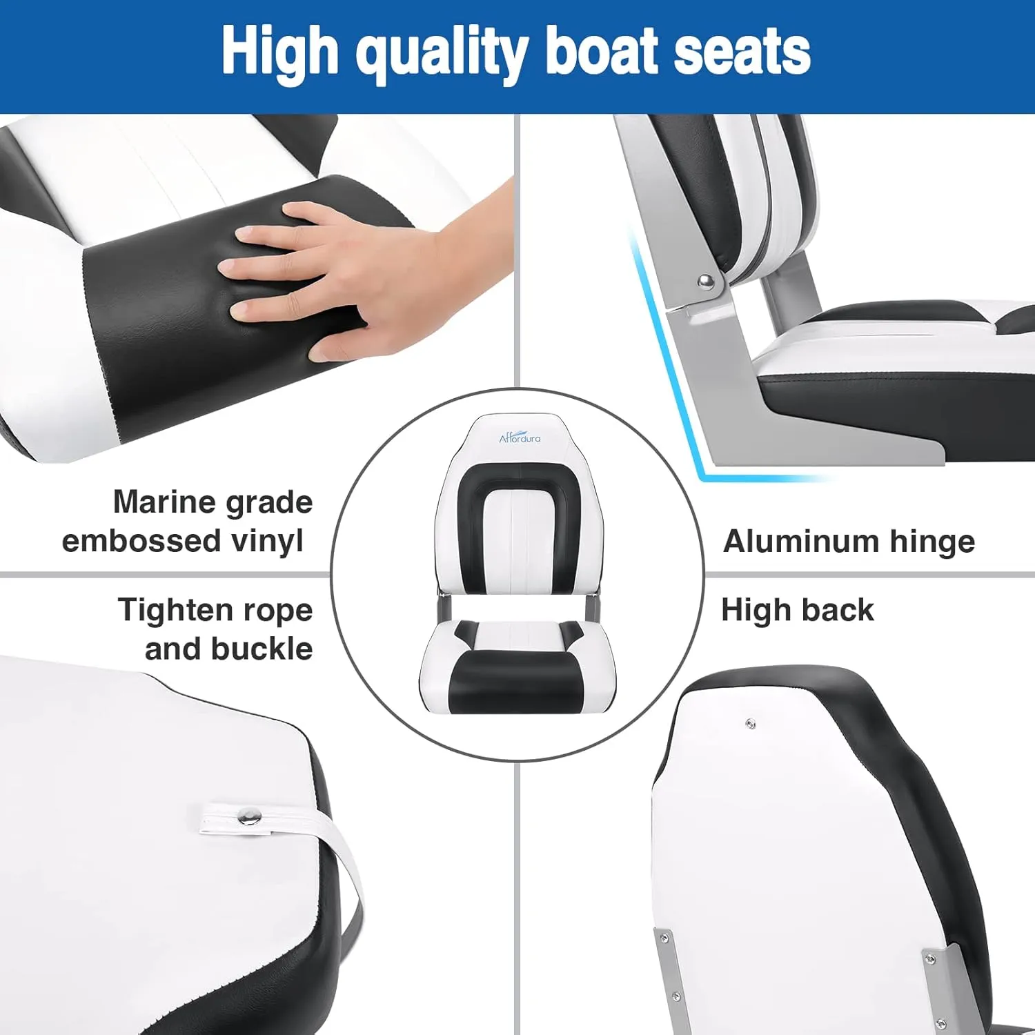 Affordura Boat Seat for Boats with 2 Storage Bags High Back Folding Boat Seat Boat Fold Down Seat (2 Packs), Black and White