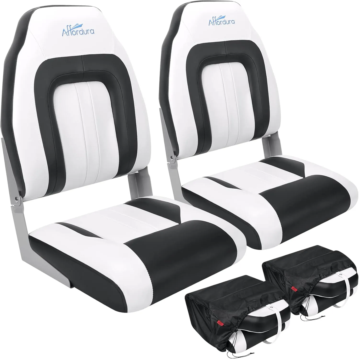 Affordura Boat Seat for Boats with 2 Storage Bags High Back Folding Boat Seat Boat Fold Down Seat (2 Packs), Black and White