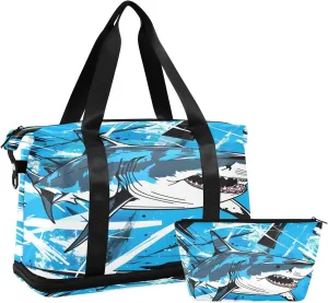 ALAZA Angry Shark Travel Duffel Bag for Women Men Sports Gym Bag with Shoe Compartment Tote Weekender Overnight Bag with Wet Pocket for Travel, Gym,Yoga,Swimming