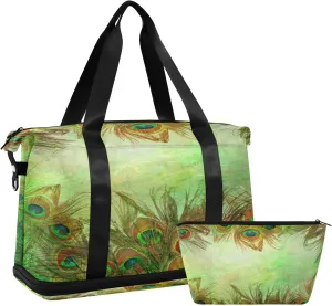 ALAZA Beautiful Peacock Feather Travel Duffel Bag for Women Men Sports Gym Bag with Shoe Compartment Tote Weekender Overnight Bag with Wet Pocket for Travel, Gym,Yoga,Swimming