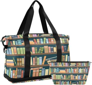 ALAZA Bookshelves Of Books Library Travel Duffel Bag for Women Men Sports Gym Bag with Shoe Compartment Tote Weekender Overnight Bag with Wet Pocket for Travel, Gym,Yoga,Swimming