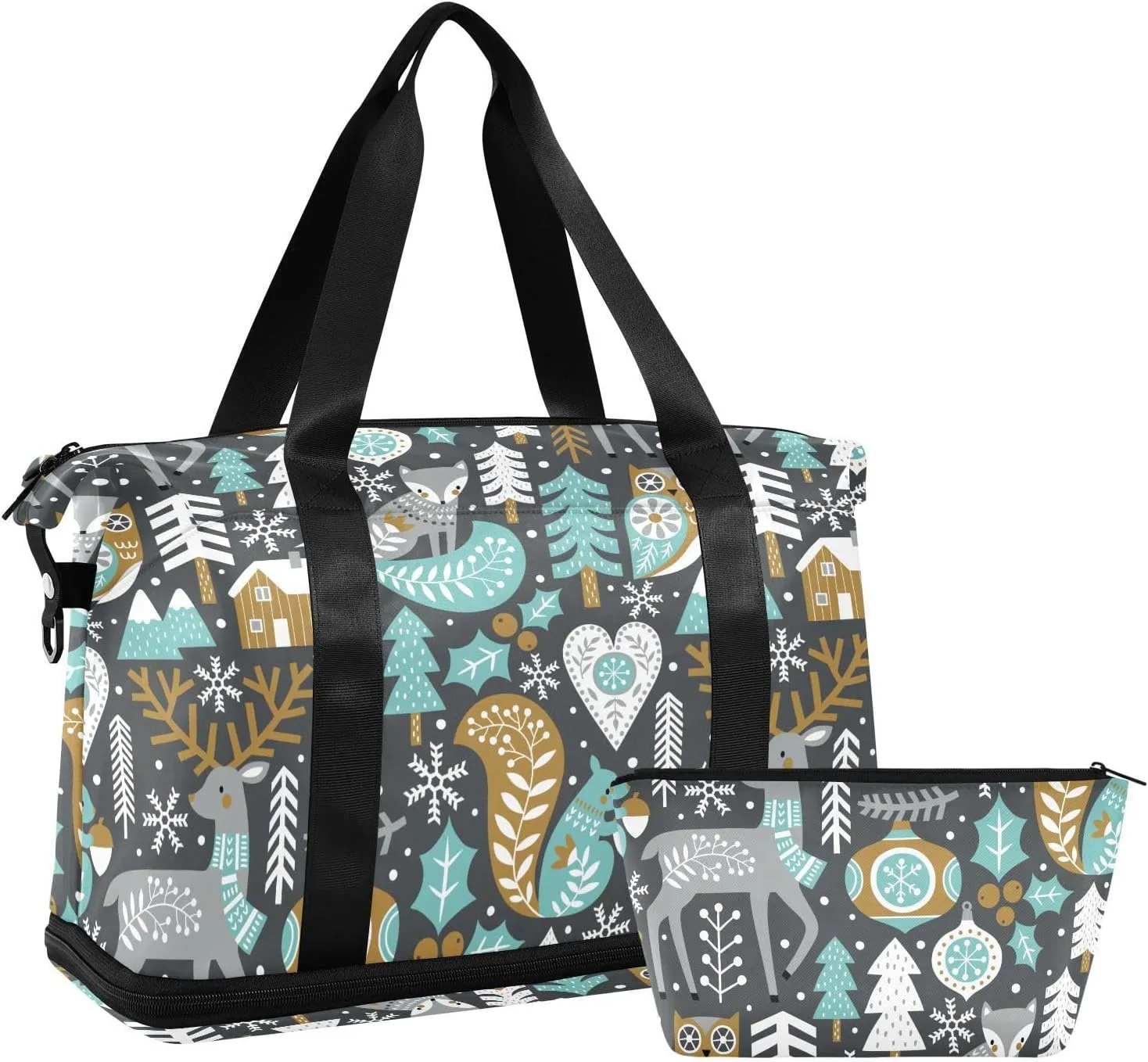 ALAZA Christmas Elk Owl Fox Squirrel Travel Duffel Bag for Women Men Sports Gym Bag with Shoe Compartment Tote Weekender Overnight Bag with Wet Pocket for Travel, Gym,Yoga,Swimming