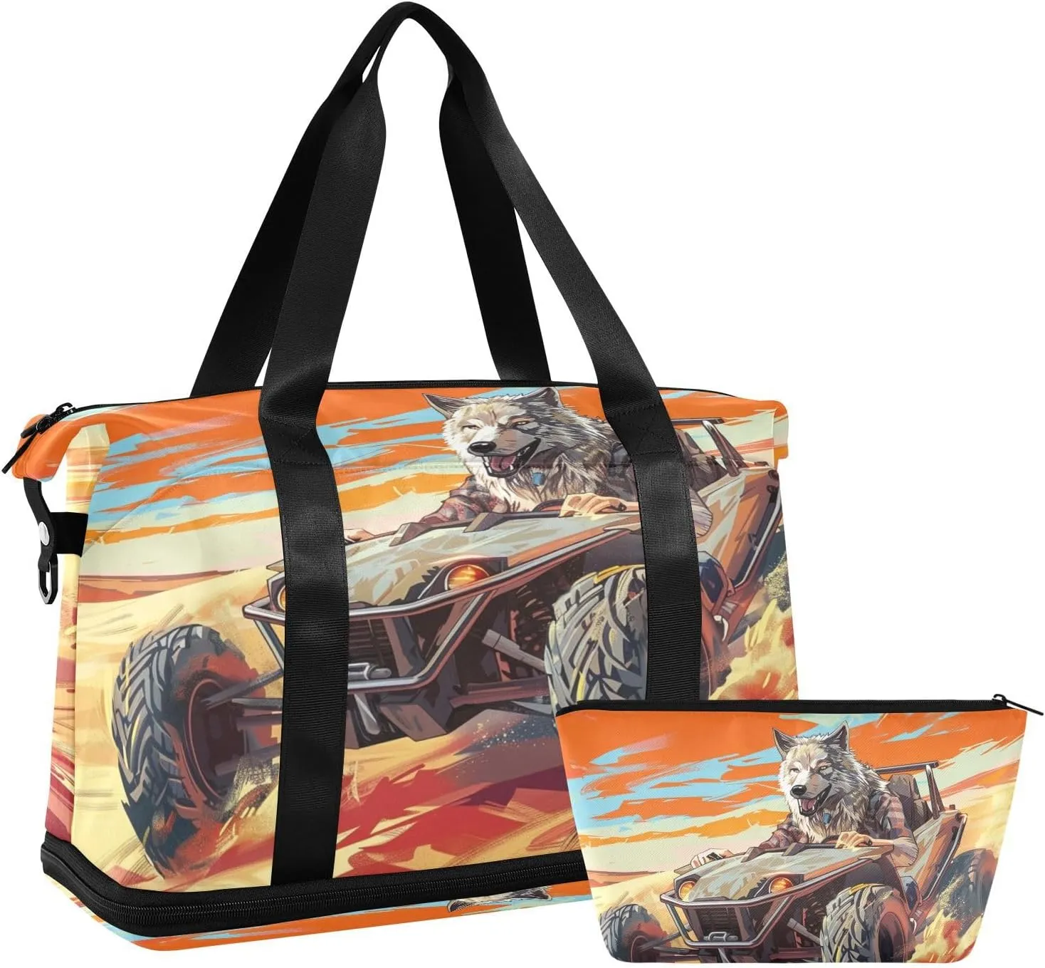 ALAZA Cool Wolf Driving Off-road Vehicle Travel Duffel Bag for Women Men Sports Gym Bag with Shoe Compartment Tote Weekender Overnight Bag with Wet Pocket for Travel, Gym,Yoga,Swimming