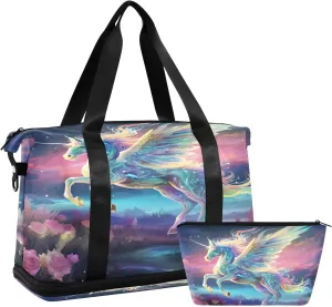 ALAZA Fantasy Rainbow Unicorn Horse Travel Duffel Bag for Women Men Sports Gym Bag with Shoe Compartment Tote Weekender Overnight Bag with Wet Pocket for Travel, Gym,Yoga,Swimming