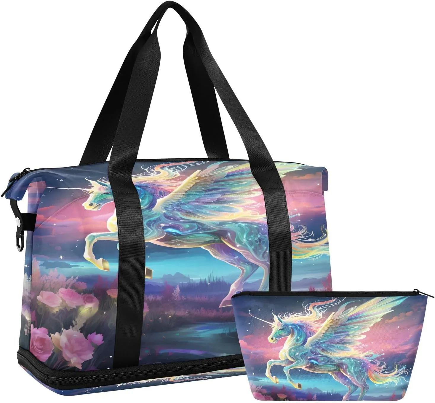 ALAZA Fantasy Rainbow Unicorn Horse Travel Duffel Bag for Women Men Sports Gym Bag with Shoe Compartment Tote Weekender Overnight Bag with Wet Pocket for Travel, Gym,Yoga,Swimming