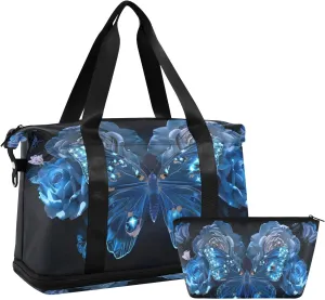 ALAZA Magical Blue Night Butterfly Travel Duffel Bag for Women Men Sports Gym Bag with Shoe Compartment Tote Weekender Overnight Bag with Wet Pocket for Travel, Gym,Yoga,Swimming