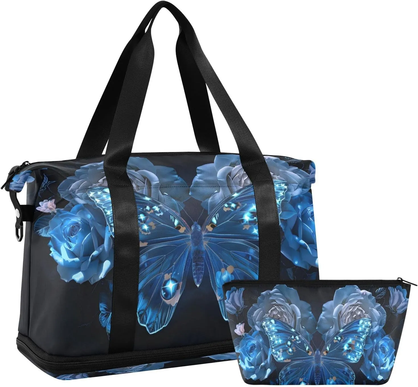ALAZA Magical Blue Night Butterfly Travel Duffel Bag for Women Men Sports Gym Bag with Shoe Compartment Tote Weekender Overnight Bag with Wet Pocket for Travel, Gym,Yoga,Swimming
