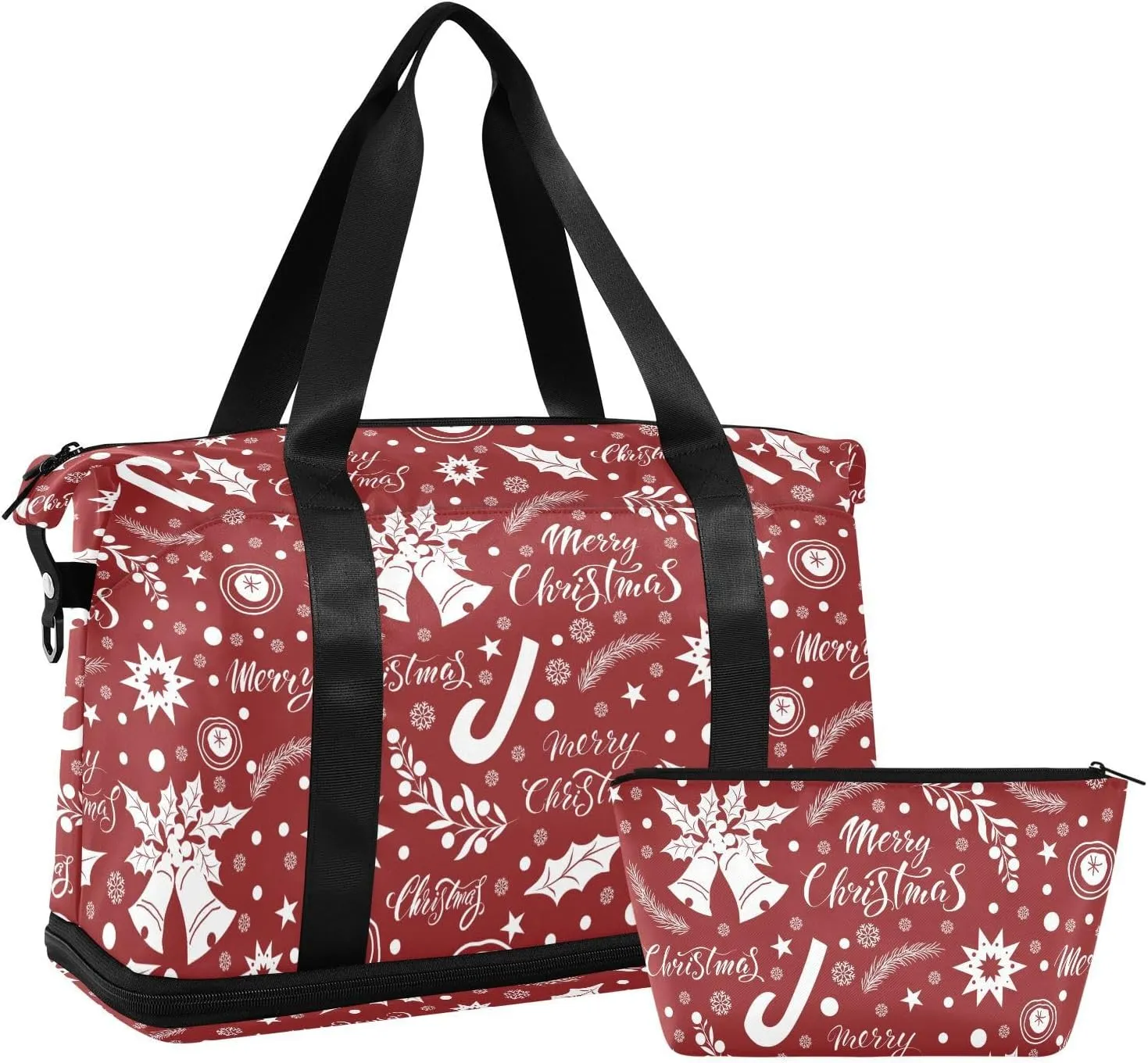 ALAZA Merry Christmas New Years Candy Bells Poinsettia Flowers Travel Duffel Bag for Women Men Sports Gym Bag with Shoe Compartment Tote Weekender Overnight Bag with Wet Pocket for Travel, Gym,Yoga,Sw