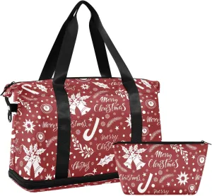 ALAZA Merry Christmas New Years Candy Bells Poinsettia Flowers Travel Duffel Bag for Women Men Sports Gym Bag with Shoe Compartment Tote Weekender Overnight Bag with Wet Pocket for Travel, Gym,Yoga,Sw