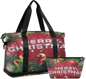 ALAZA Merry Christmas Vintage Pine Branch Red Travel Duffel Bag for Women Men Sports Gym Bag with Shoe Compartment Tote Weekender Overnight Bag with Wet Pocket for Travel, Gym,Yoga,Swimming