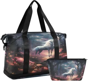 ALAZA Unicorn Horse Magic Forest Travel Duffel Bag for Women Men Sports Gym Bag with Shoe Compartment Tote Weekender Overnight Bag with Wet Pocket for Travel, Gym,Yoga,Swimming