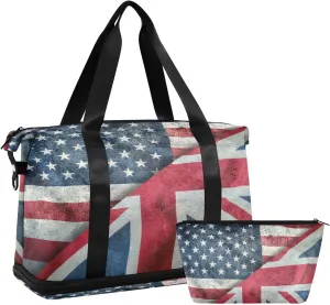 ALAZA Vintage American British Flag Striped Travel Duffel Bag for Women Men Sports Gym Bag with Shoe Compartment Tote Weekender Overnight Bag with Wet Pocket for Travel, Gym,Yoga,Swimming