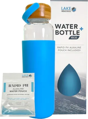 Alkaline ECO Water Bottle  - BPA Free Glass- Anti-Slip Silicone Grip- 22oz/650ml- Infused Pouch - Use for Work, Sports, Outdoors - 1 Rapid pH Alkaline Water Filter Pouch Included