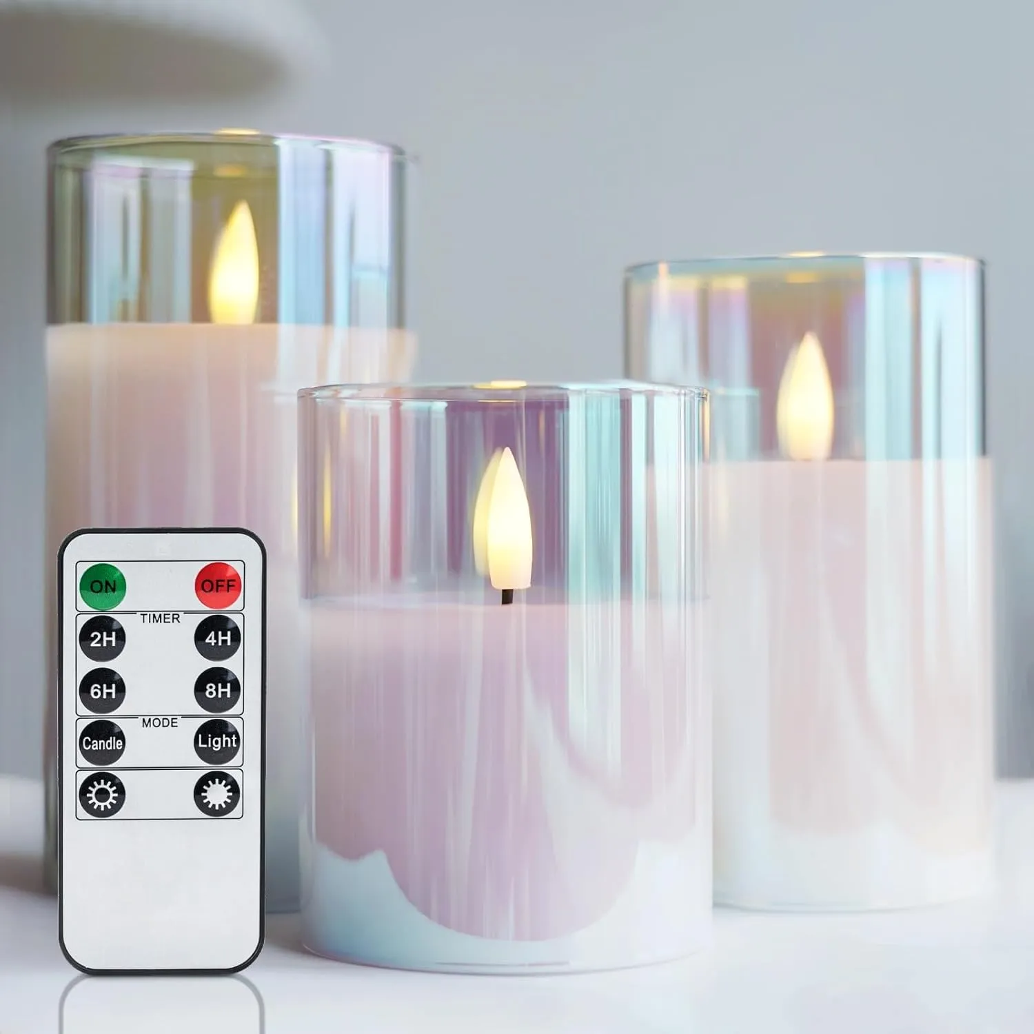 Amagic Gradient Glass Flameless Candles - Battery Operated Candle with Remote Control and Timers - LED Fake Electric Candles for Home Decorations, Wedding, Festival, Party, Set of 3