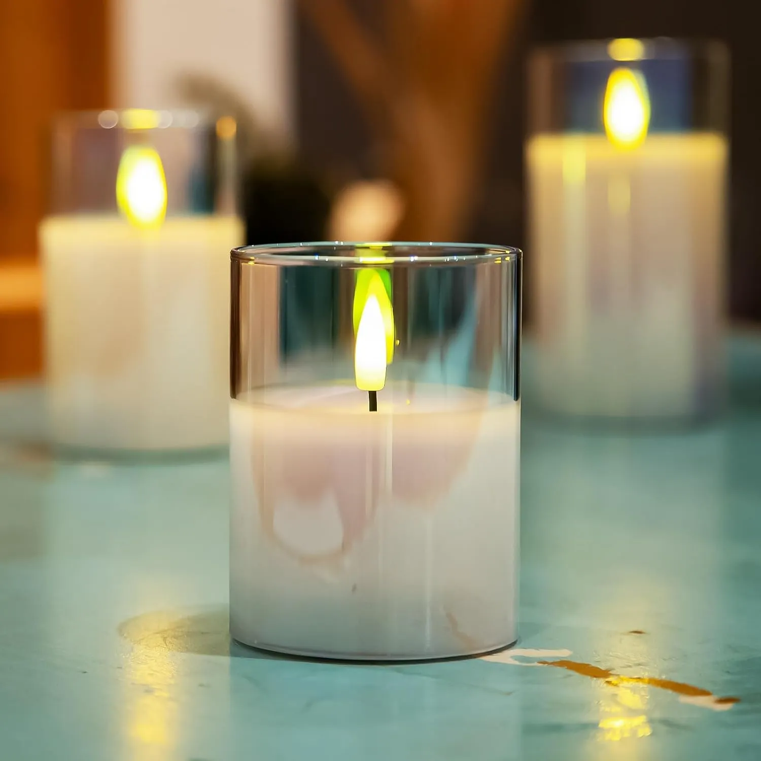 Amagic Gradient Glass Flameless Candles - Battery Operated Candle with Remote Control and Timers - LED Fake Electric Candles for Home Decorations, Wedding, Festival, Party, Set of 3