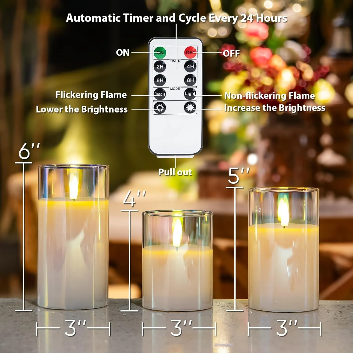 Amagic Gradient Glass Flameless Candles - Battery Operated Candle with Remote Control and Timers - LED Fake Electric Candles for Home Decorations, Wedding, Festival, Party, Set of 3