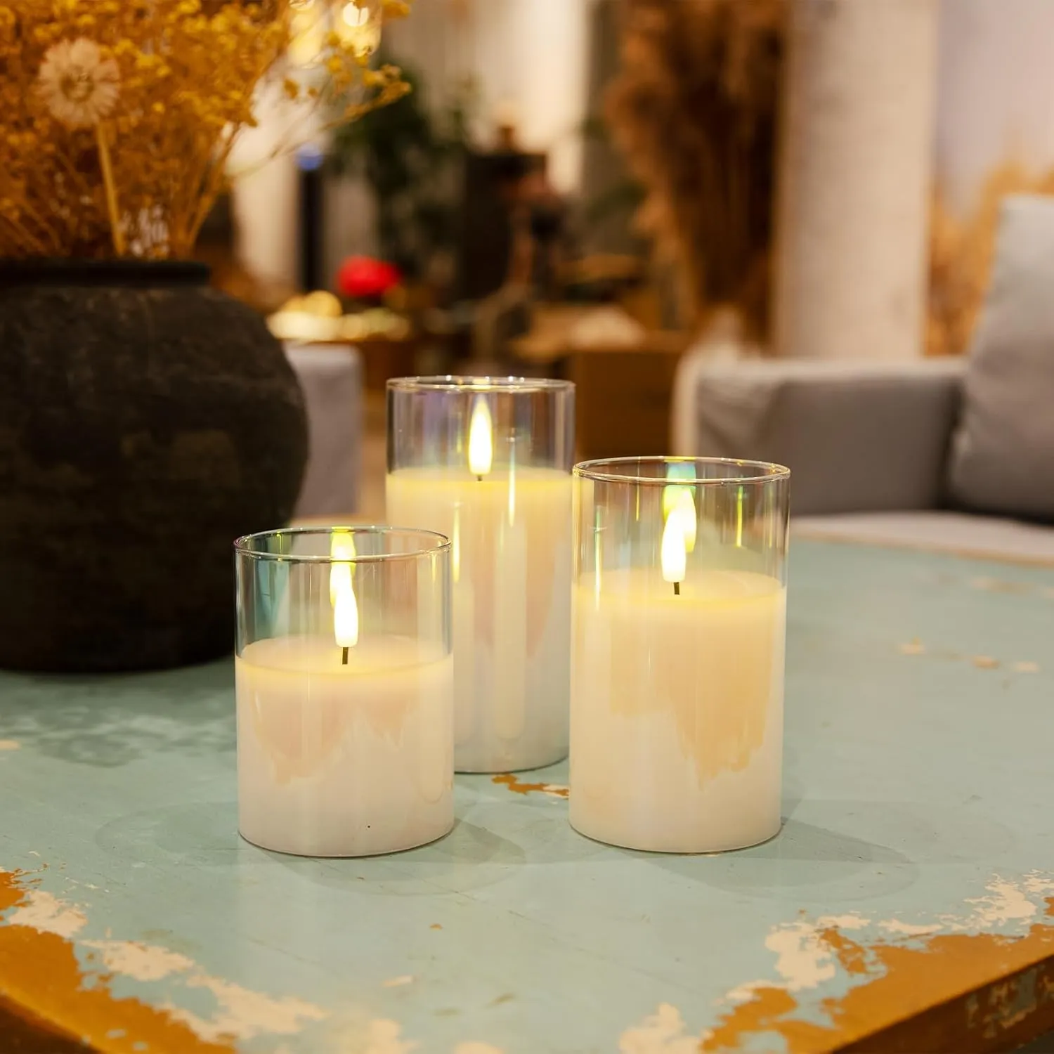 Amagic Gradient Glass Flameless Candles - Battery Operated Candle with Remote Control and Timers - LED Fake Electric Candles for Home Decorations, Wedding, Festival, Party, Set of 3