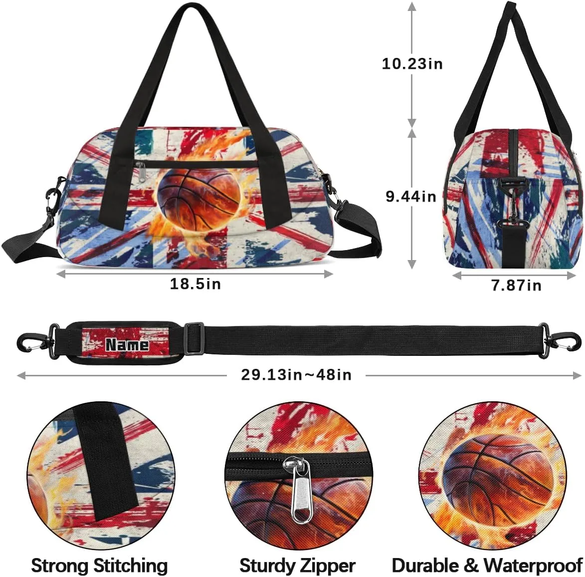 American Flag Basketball Kids Duffel Overnight Bag Boys, Ball Waterproof Gym Sports Duffle Bag Teen Personalized Travel Gymnastic Weekender Bag Custom Carry on Toe Bag for Boys