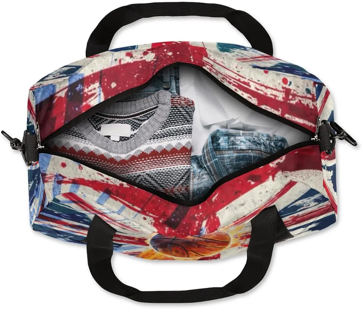 American Flag Basketball Kids Duffel Overnight Bag Boys, Ball Waterproof Gym Sports Duffle Bag Teen Personalized Travel Gymnastic Weekender Bag Custom Carry on Toe Bag for Boys