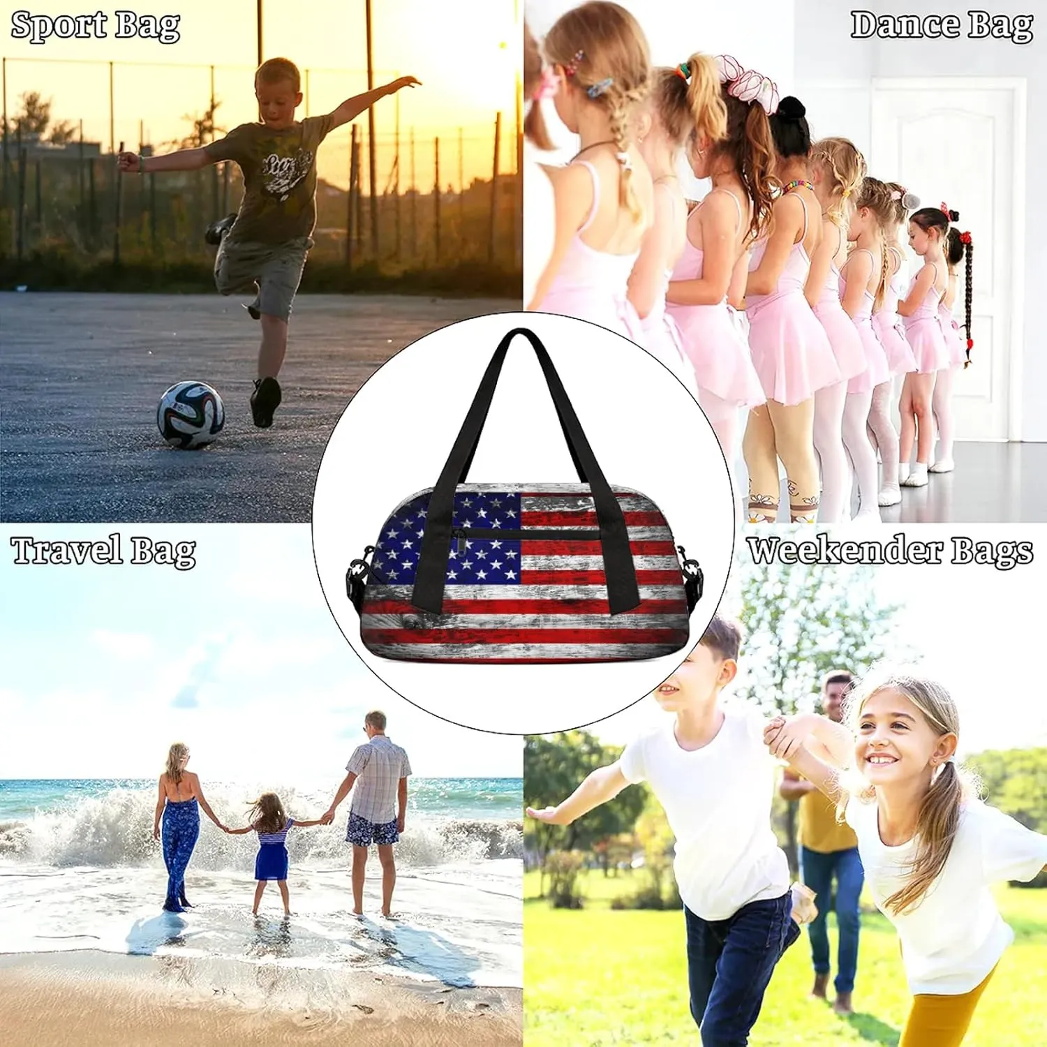 American Flag Kids Duffel Bag Lightweight Waterproof Sports Gym Bag with Front Zipper Pocket Foldable Weekender Overnight Bag for School Practice Gymnastic Ballet