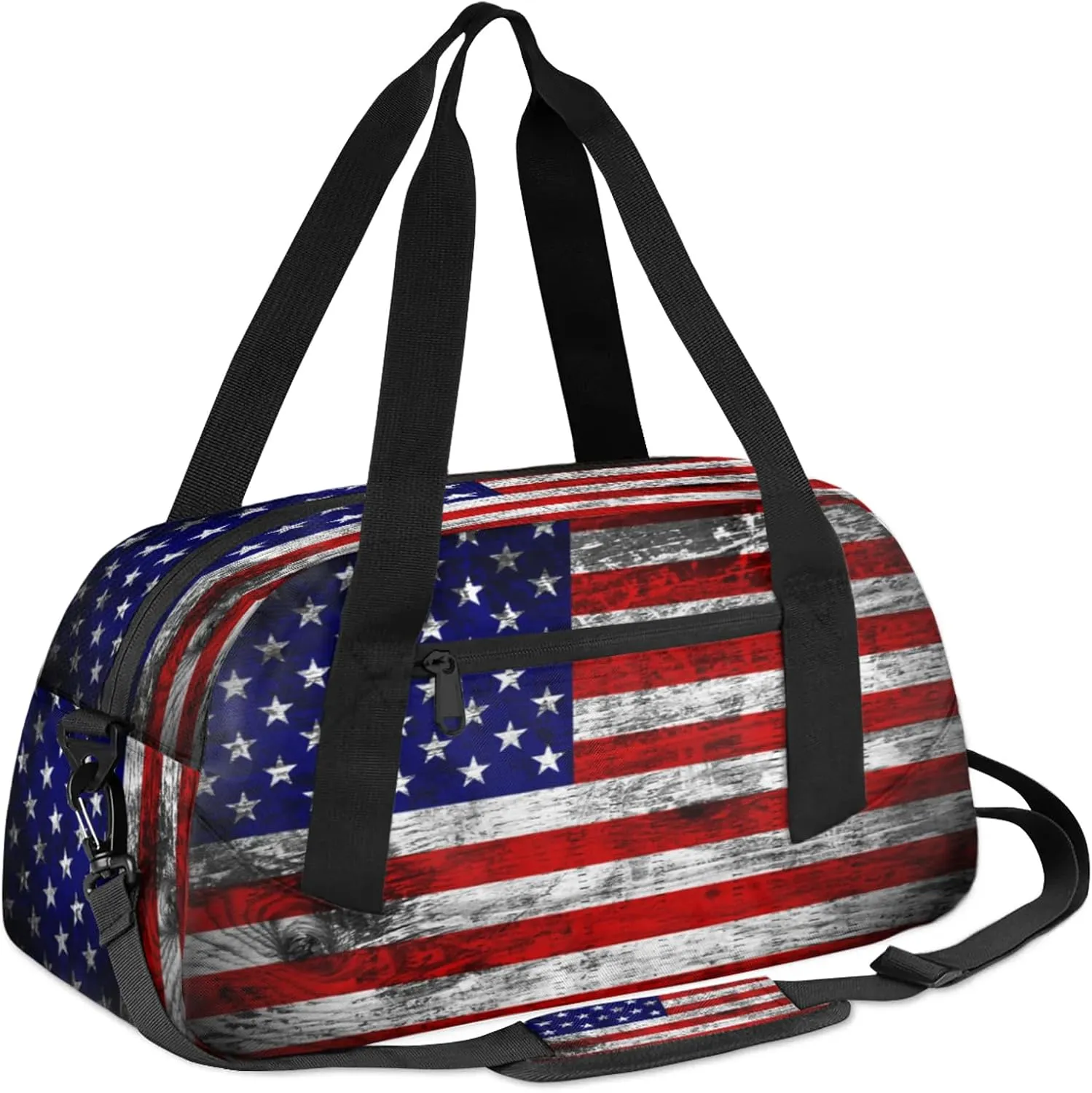 American Flag Kids Duffel Bag Lightweight Waterproof Sports Gym Bag with Front Zipper Pocket Foldable Weekender Overnight Bag for School Practice Gymnastic Ballet