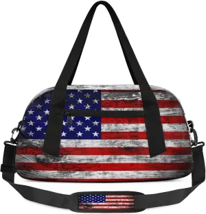American Flag Kids Duffel Bag Lightweight Waterproof Sports Gym Bag with Front Zipper Pocket Foldable Weekender Overnight Bag for School Practice Gymnastic Ballet