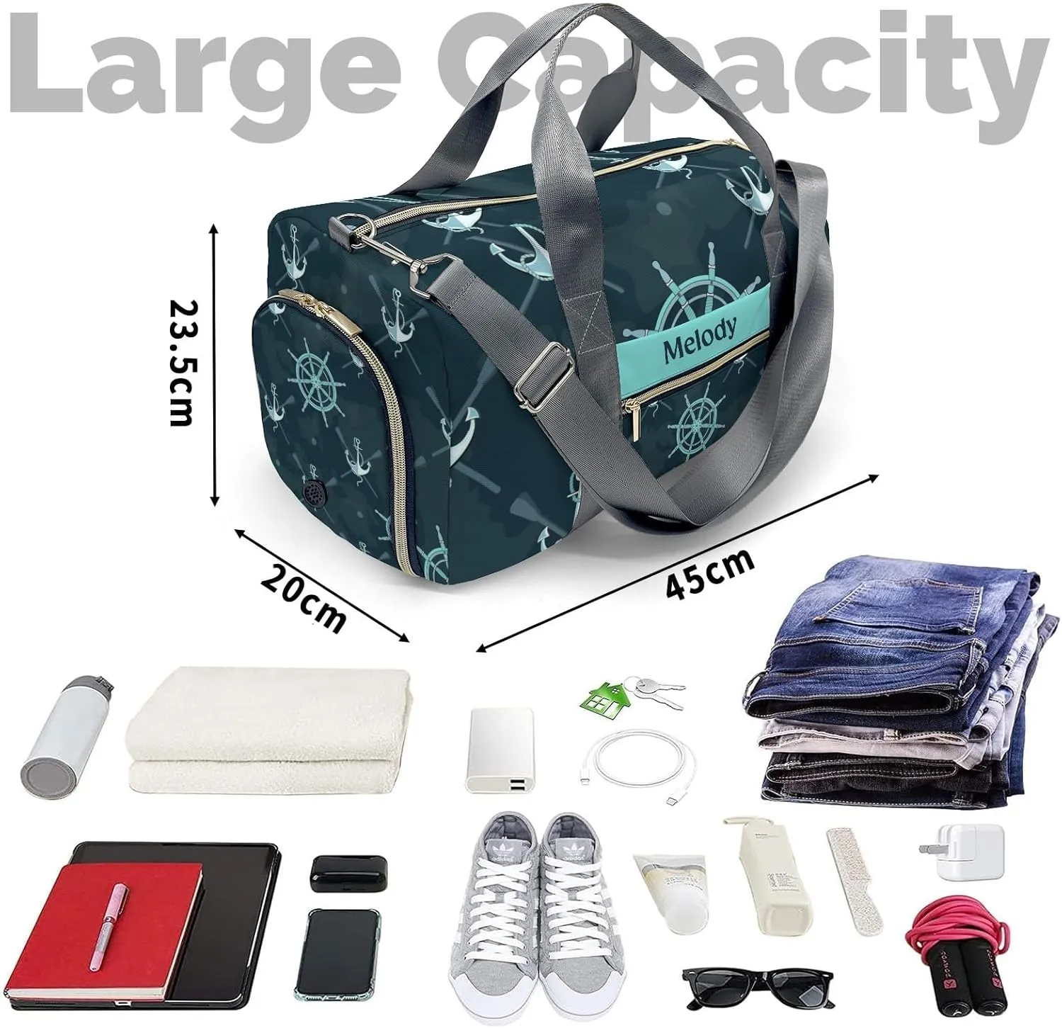 Anchor Marine Personalized Duffel Bag,Custom Travel Gym Bag with Name,Waterproof Sports Overnight Bag with Shoe Compartment & Shoulder Strap