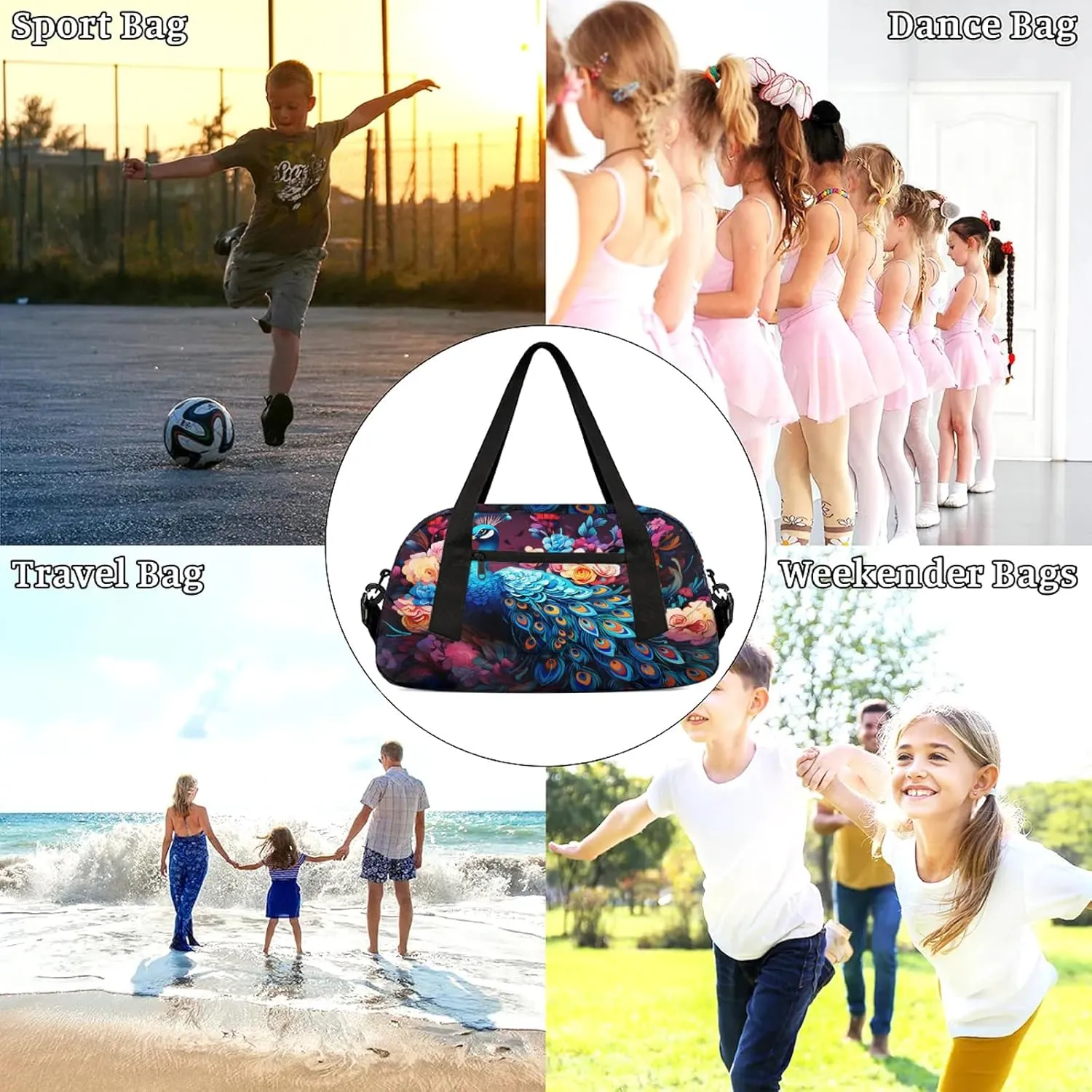 Animal Peacock Pattern Kids Duffel Bag Lightweight Waterproof Sports Gym Bag with Front Zipper Pocket Foldable Weekender Overnight Bag for School Practice Gymnastic Ballet
