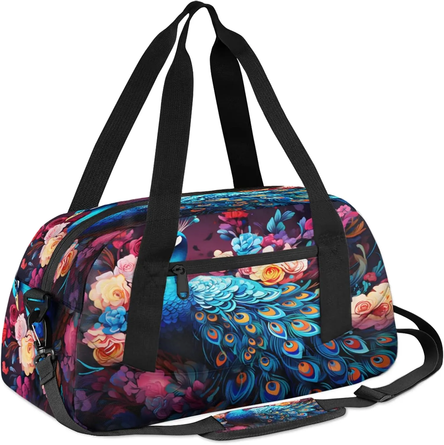 Animal Peacock Pattern Kids Duffel Bag Lightweight Waterproof Sports Gym Bag with Front Zipper Pocket Foldable Weekender Overnight Bag for School Practice Gymnastic Ballet