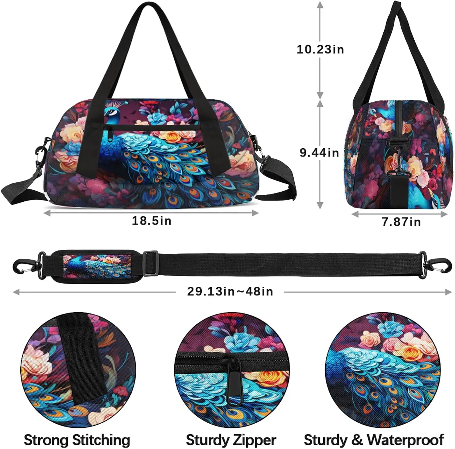 Animal Peacock Pattern Kids Duffel Bag Lightweight Waterproof Sports Gym Bag with Front Zipper Pocket Foldable Weekender Overnight Bag for School Practice Gymnastic Ballet