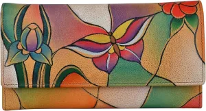 Anna by Anuschka Women's Hand Painted Genuine Leather Multi Pocket Wallet - Butterfly Glass Painting