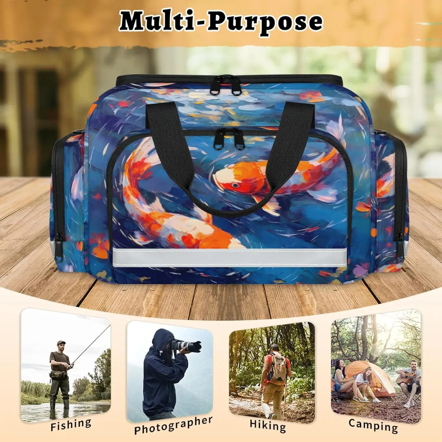 Anti-Scratch Duffle Bag for Travel 25x17.7x11.2 Inch - Waterproof Duffel Bag for Camping Fitness, Durable EMS Gear for First Responders Fish Oil Painting