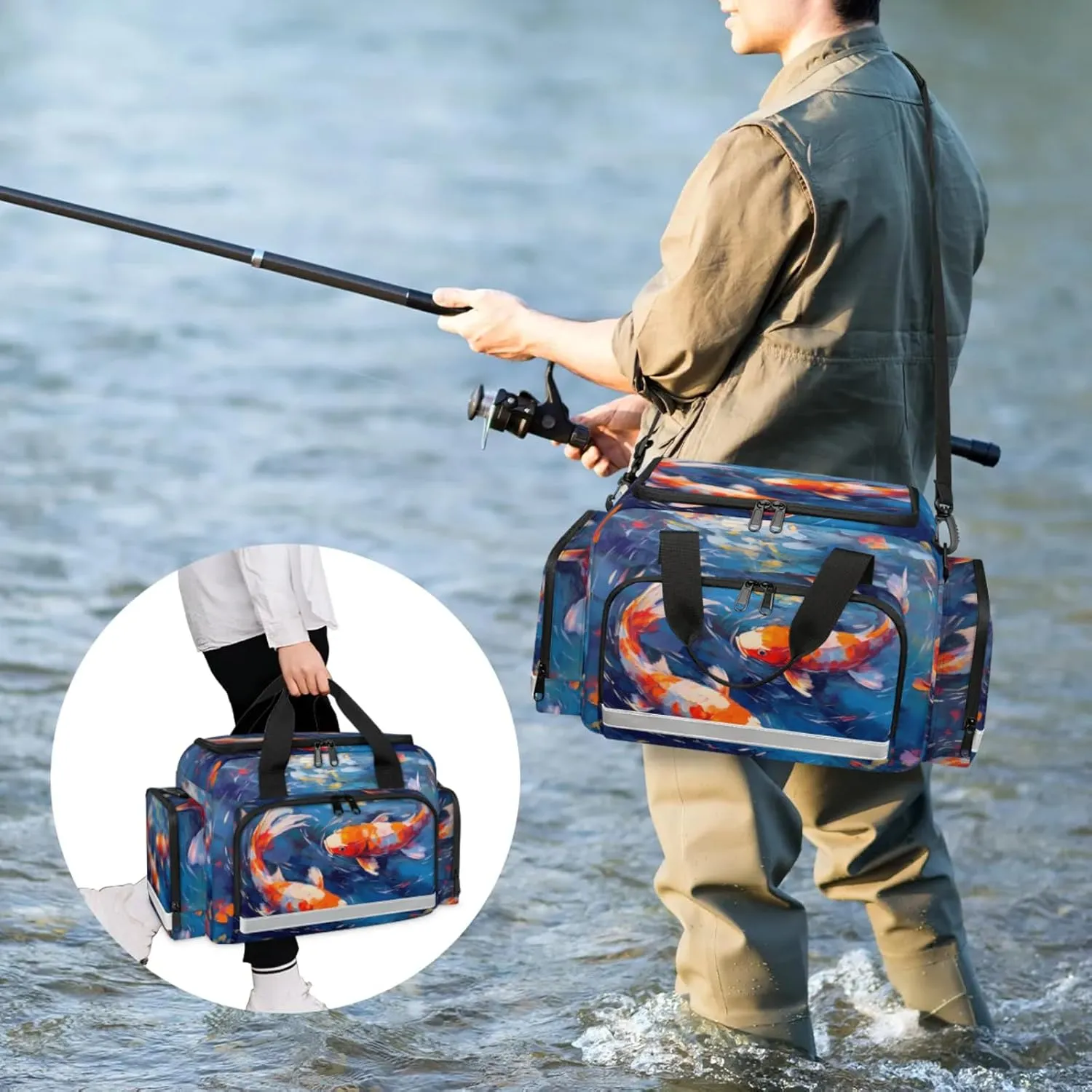 Anti-Scratch Duffle Bag for Travel 25x17.7x11.2 Inch - Waterproof Duffel Bag for Camping Fitness, Durable EMS Gear for First Responders Fish Oil Painting