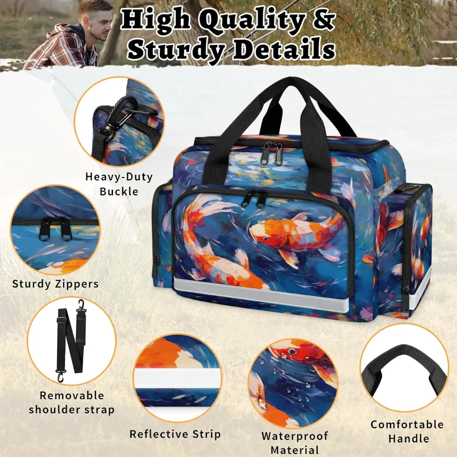 Anti-Scratch Duffle Bag for Travel 25x17.7x11.2 Inch - Waterproof Duffel Bag for Camping Fitness, Durable EMS Gear for First Responders Fish Oil Painting