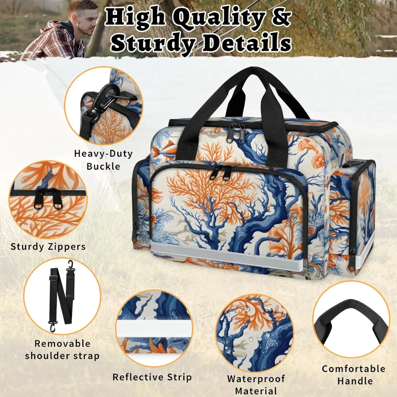 Anti-Scratch Duffle Bag for Travel 25x17.7x11.2 Inch - Waterproof Duffel Bag for Camping Fitness, Durable EMS Gear for First Responders Ocean Fish Coral