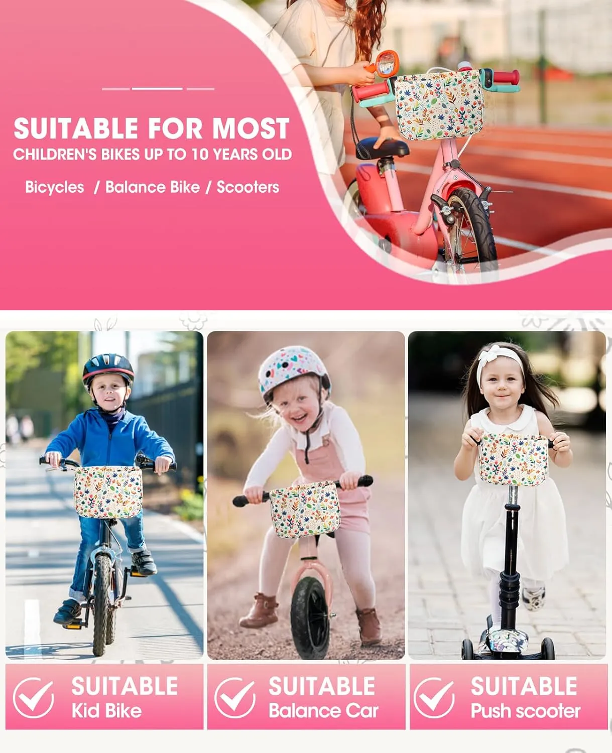 ANZOME Bike Basket for Girls, Children's Front Bike Decoration Accessory for Girls & Boys Gift Fits Most Children's Bikes Like Tricycle, Balance Bike, Scooter