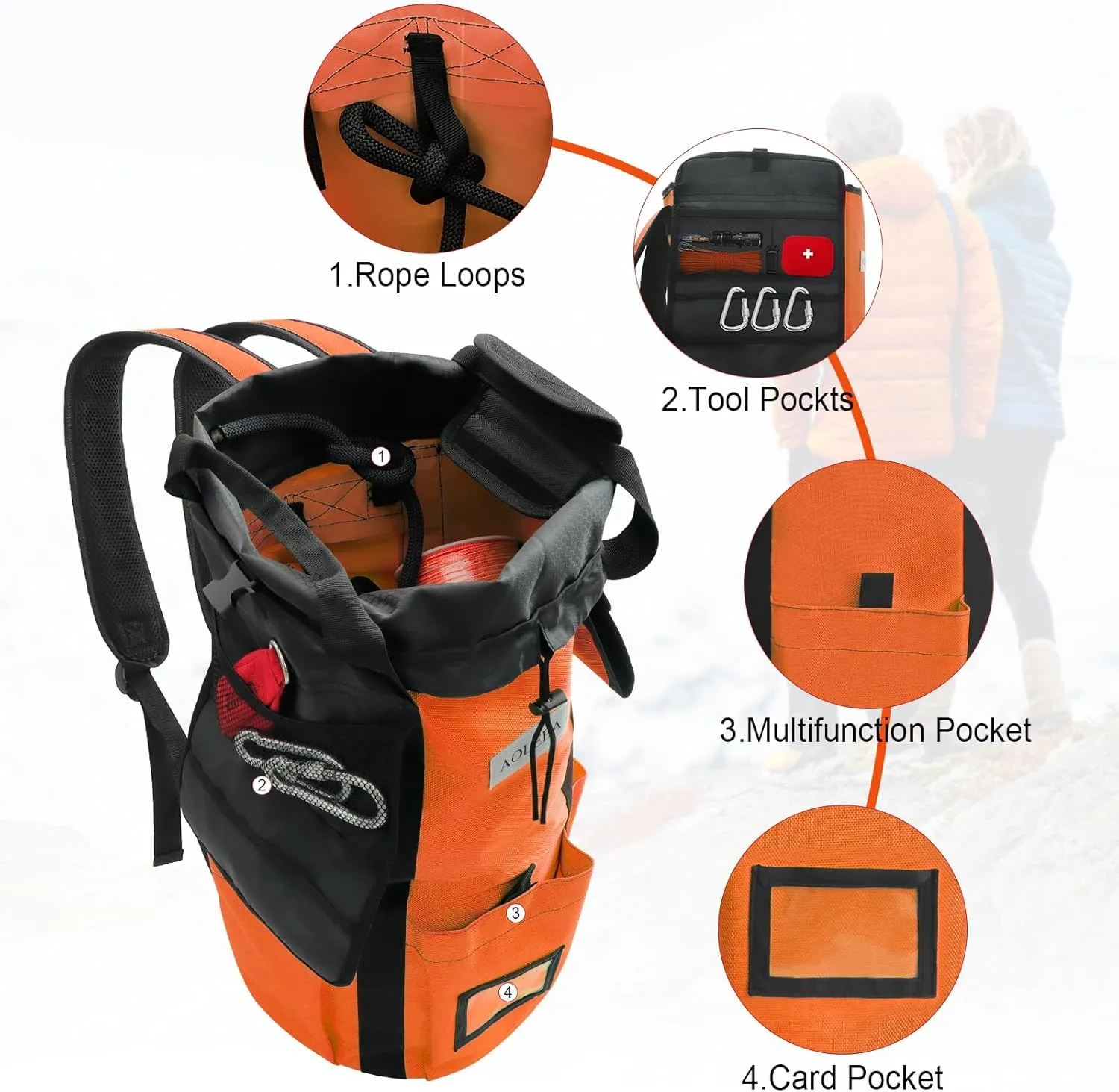 AOLEBA Arborist Rope Storage Bag Tree Climbing Rock Rope Bucket Backpack Rope Arborist Bag 200' Large Capacity 1680D Thicken Nylon Material with Hand Straps, Side Pockets - Orange