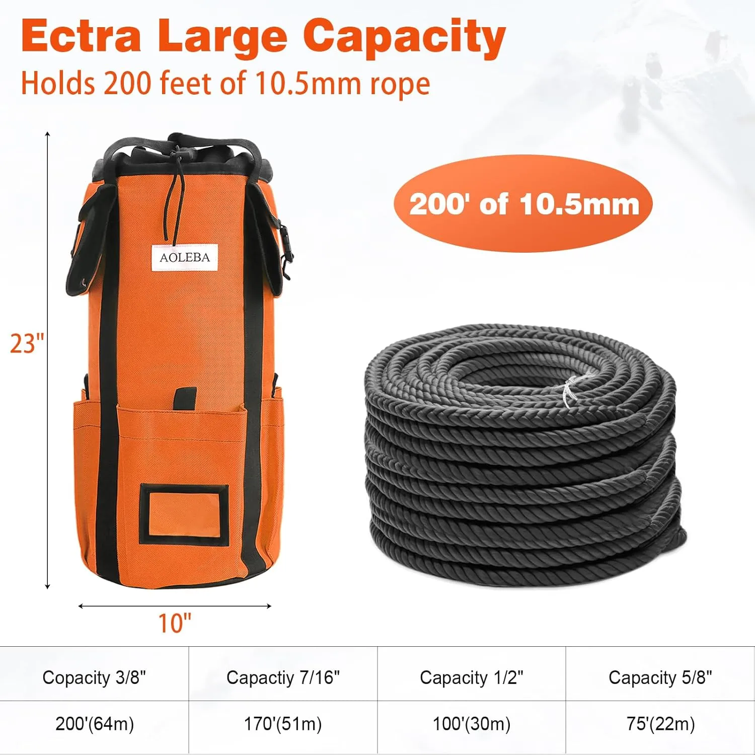 AOLEBA Arborist Rope Storage Bag Tree Climbing Rock Rope Bucket Backpack Rope Arborist Bag 200' Large Capacity 1680D Thicken Nylon Material with Hand Straps, Side Pockets - Orange