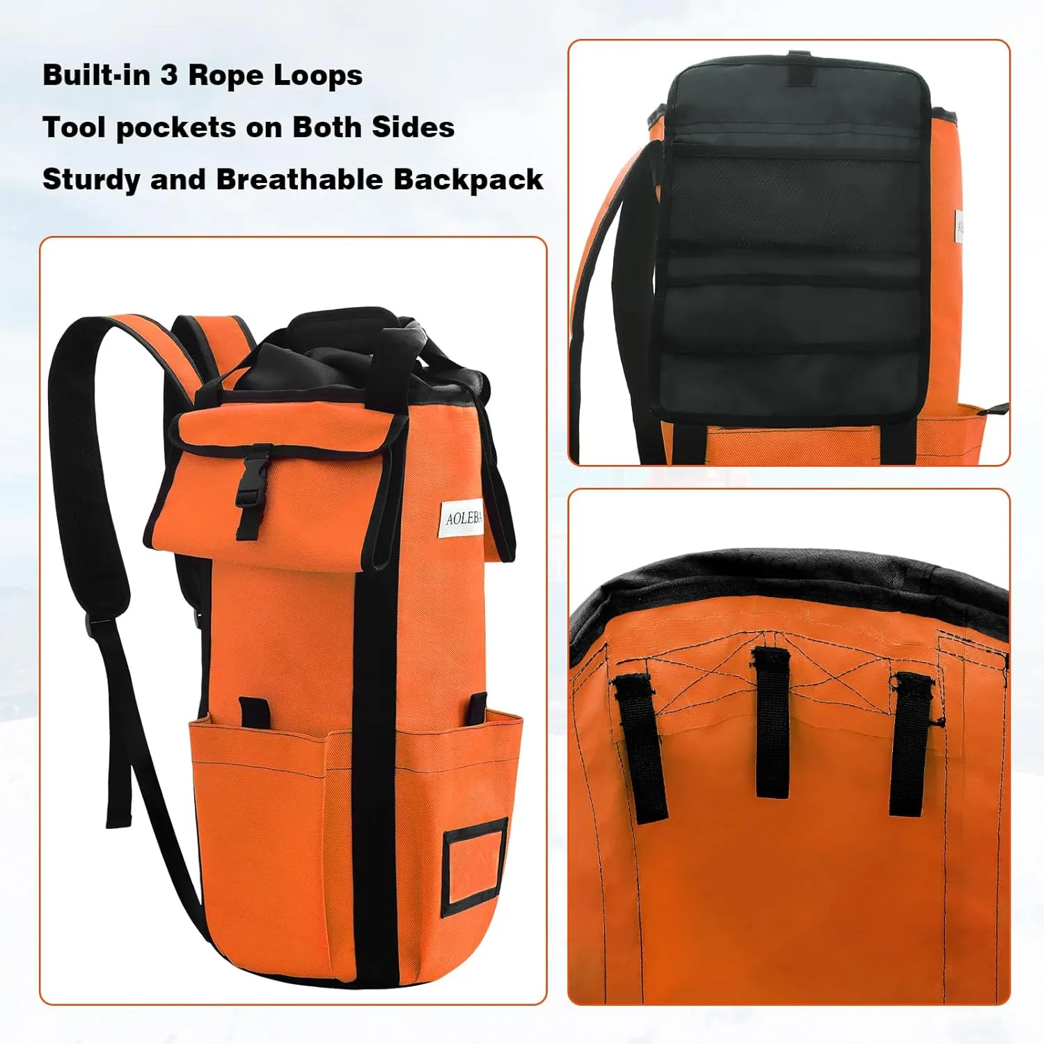 AOLEBA Arborist Rope Storage Bag Tree Climbing Rock Rope Bucket Backpack Rope Arborist Bag 200' Large Capacity 1680D Thicken Nylon Material with Hand Straps, Side Pockets - Orange