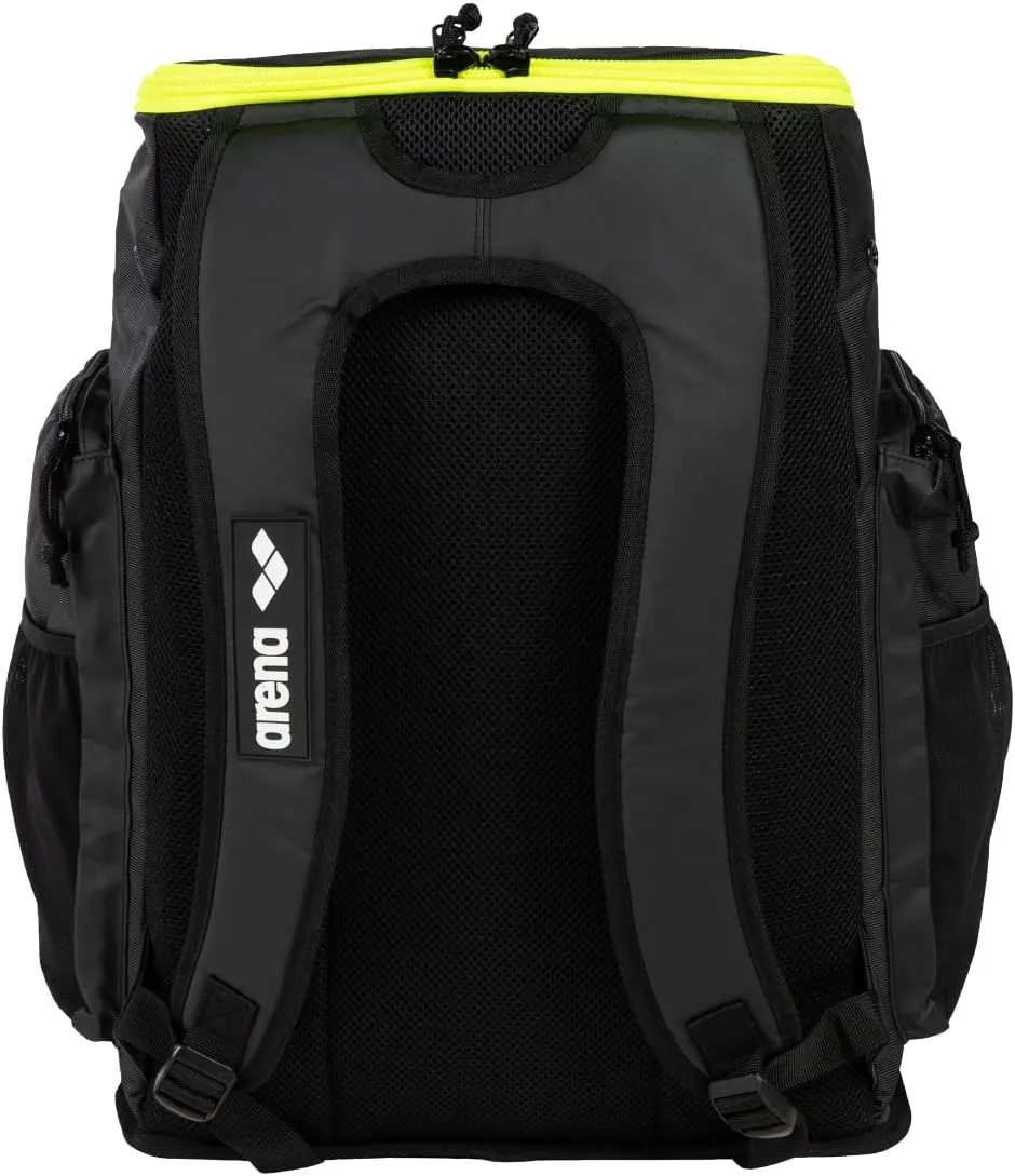 Arena Spiky III Backpack 45 Swimming Athlete Sports Gym Rucksack Large Training Gear Equipment Swim Bag for Men and Women, 45 Liters, Dark Smoke/Neon Yellow