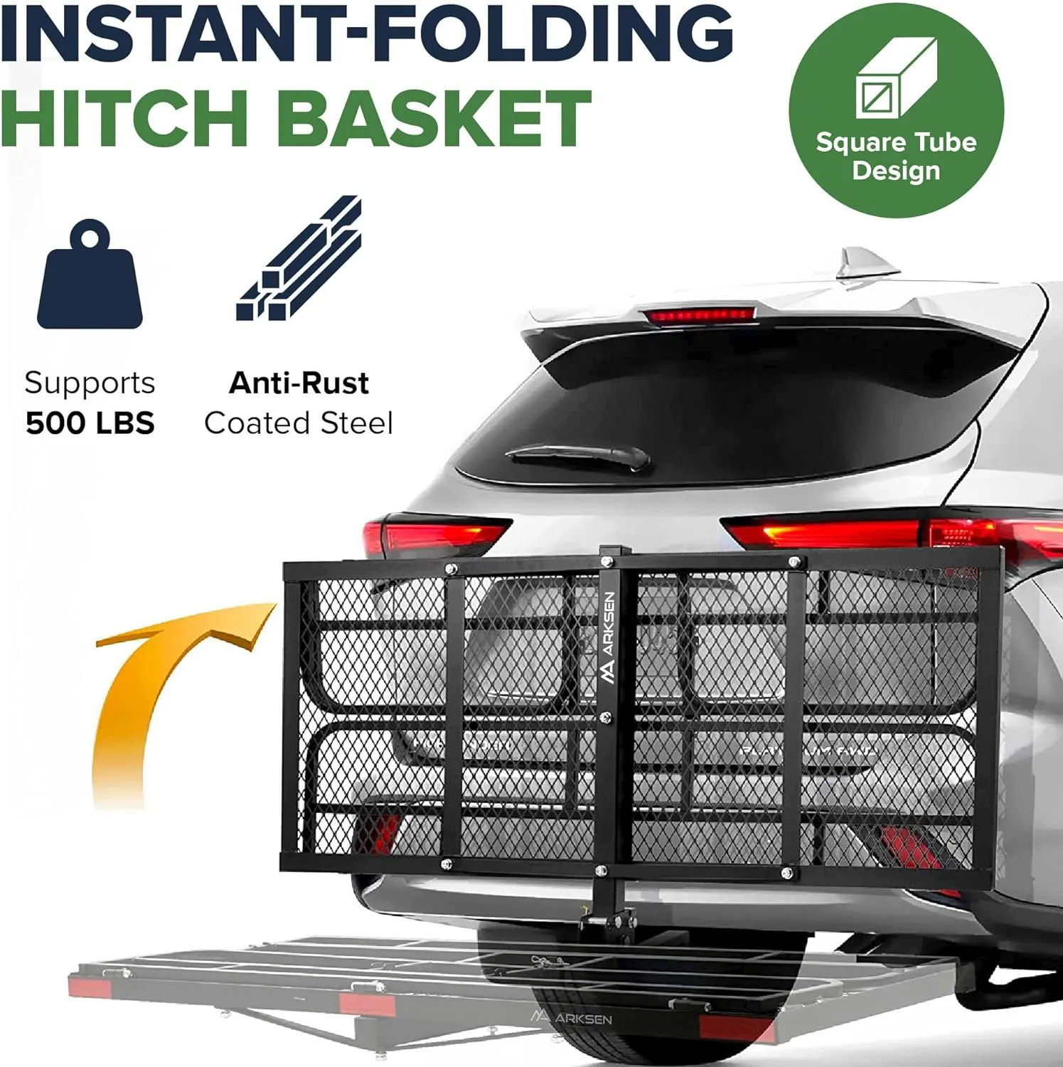 ARKSEN 60" x 25" x 14" Folding Cargo Rack Carrier with Bag, Net, Stabilizer & Straps 500 Lbs Heavy Duty Capacity 2 Inch Receiver Luggage Basket Hitch Fold Up for SUV Pickup Camping Traveling