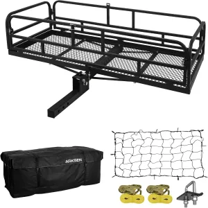 ARKSEN 60" x 25" x 14" Folding Cargo Rack Carrier with Bag, Net, Stabilizer & Straps 500 Lbs Heavy Duty Capacity 2 Inch Receiver Luggage Basket Hitch Fold Up for SUV Pickup Camping Traveling