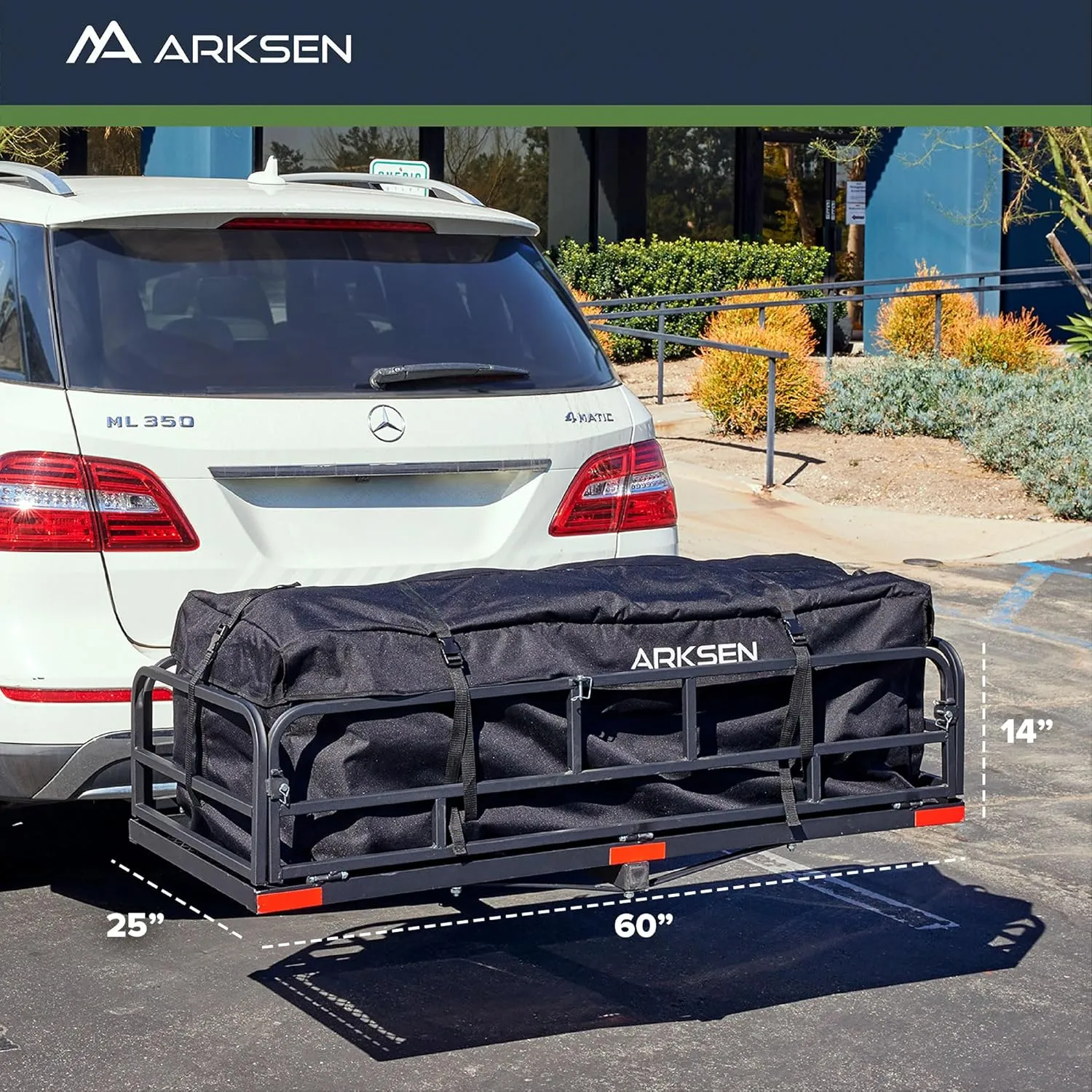 ARKSEN 60" x 25" x 14" Folding Cargo Rack Carrier with Bag, Net, Stabilizer & Straps 500 Lbs Heavy Duty Capacity 2 Inch Receiver Luggage Basket Hitch Fold Up for SUV Pickup Camping Traveling