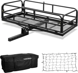 ARKSEN 60" x 25" x 14" Folding Cargo Rack Carrier with Waterproof Cargo Bag & Nylon Net 500 Lbs Heavy Duty Capacity 2 Inch Receiver Luggage Basket Hitch Fold Up for SUV Pickup Camping Traveling