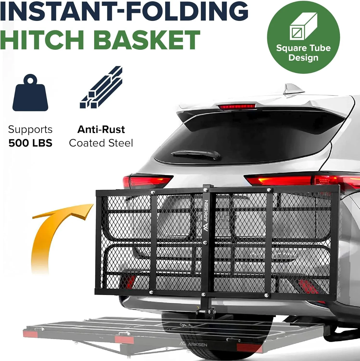 ARKSEN 60" x 25" x 14" Folding Cargo Rack Carrier with Waterproof Cargo Bag & Nylon Net 500 Lbs Heavy Duty Capacity 2 Inch Receiver Luggage Basket Hitch Fold Up for SUV Pickup Camping Traveling