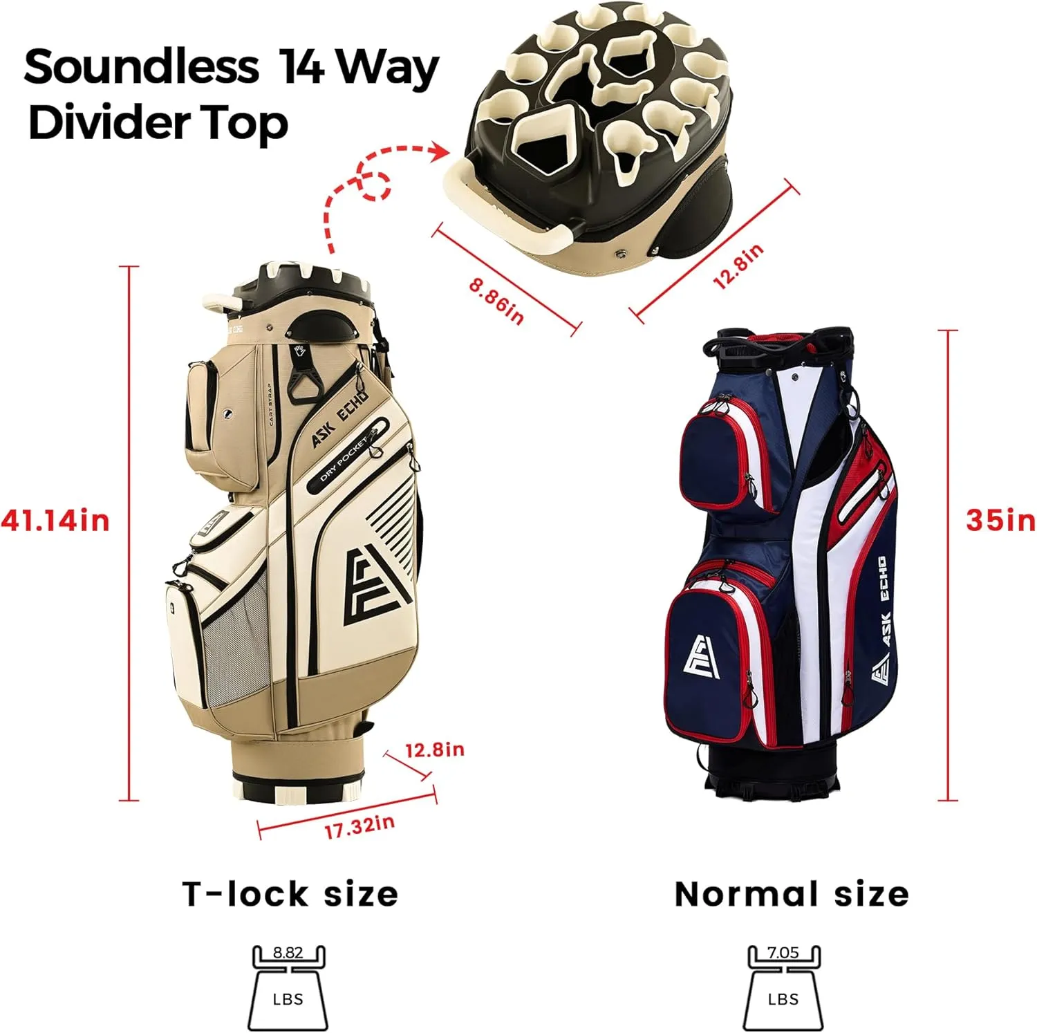 ASK ECHO 2024 T-Lock Golf Cart Bag with 14 Way Organizer Divider Top, Premium Cart Bag