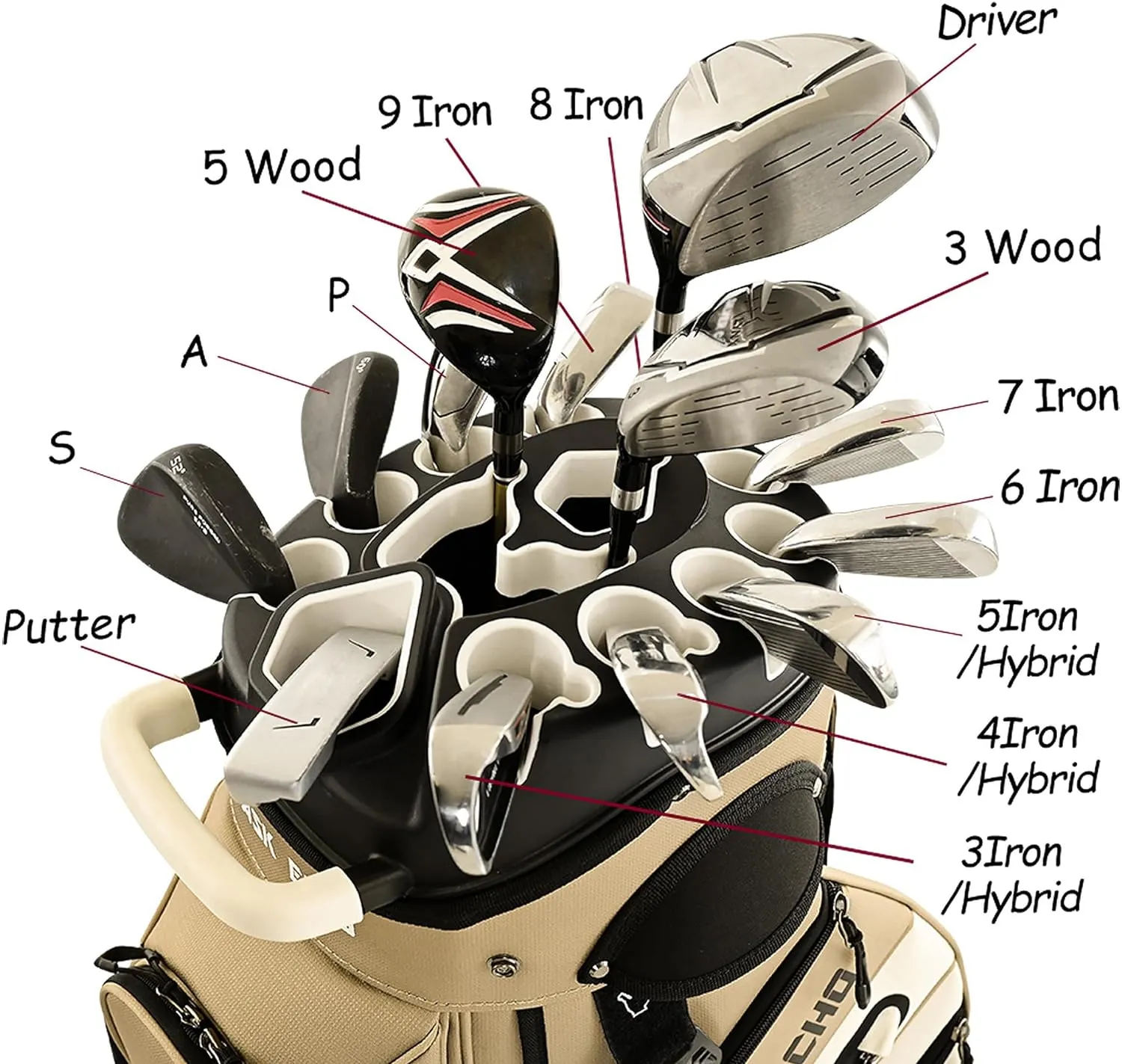 ASK ECHO 2024 T-Lock Golf Cart Bag with 14 Way Organizer Divider Top, Premium Cart Bag