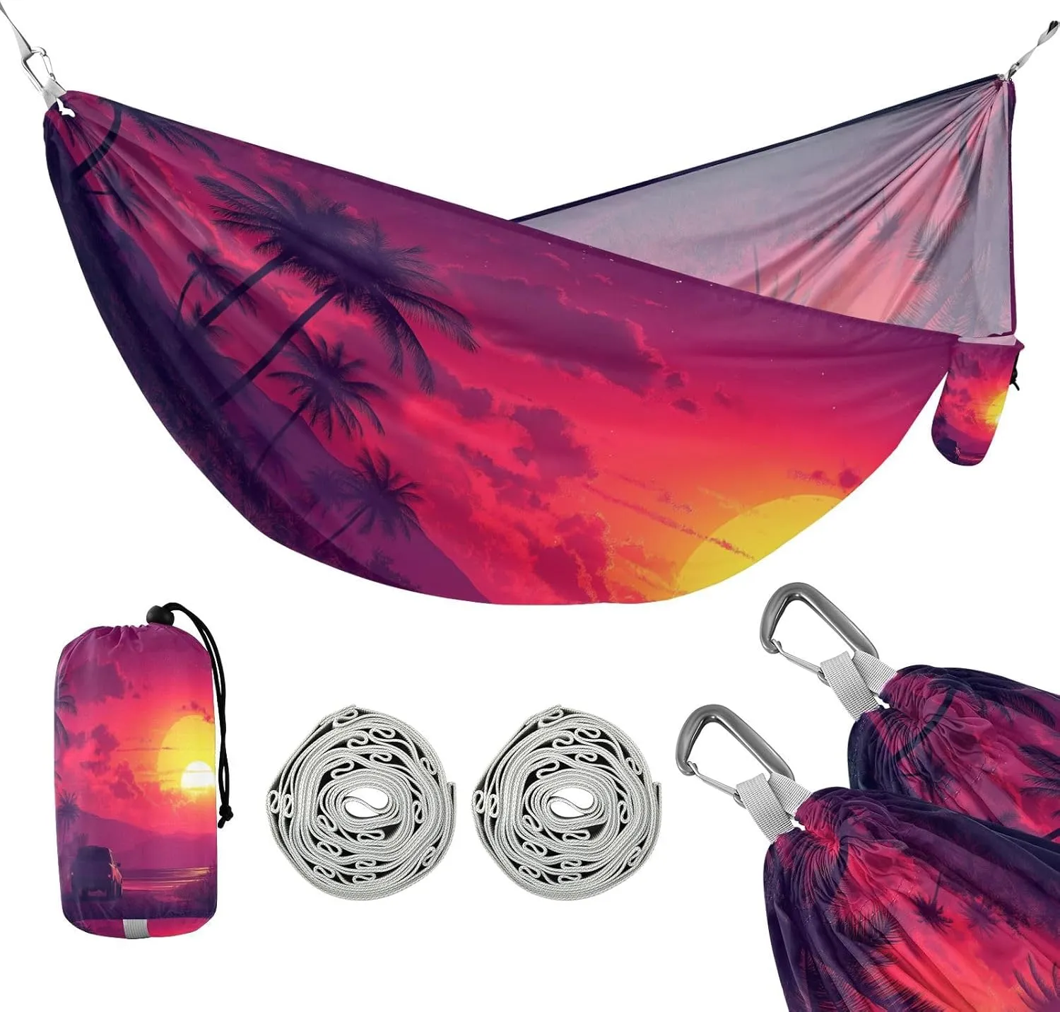 ATTX Sunset Palm Trees Camping Hammock - Lightweight & Portable Hammocks, Heavy Duty 330lbs Capacity for Indoor, Hiking, Backpacking, Travel, Backyard, Beach#52